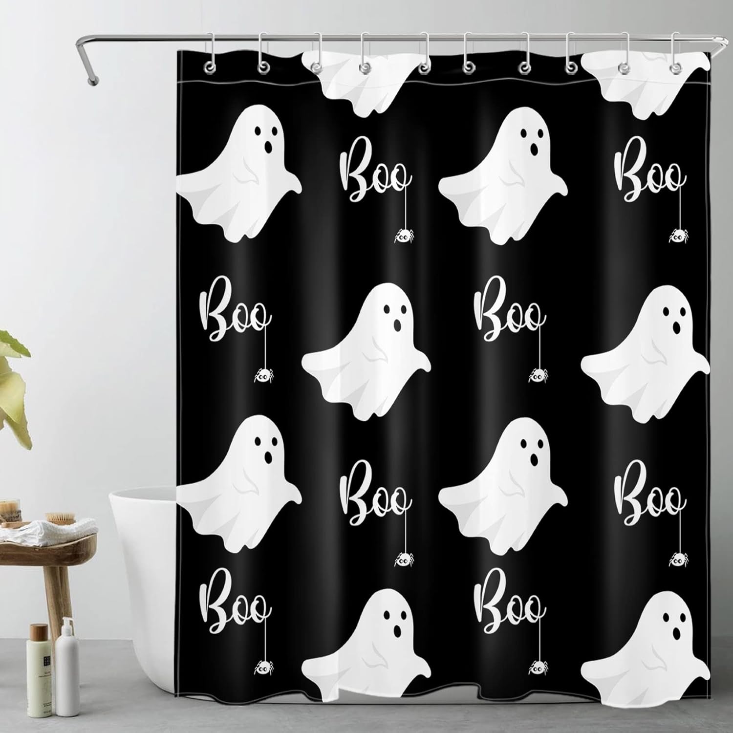 Spooky Halloween Shower Curtain Decor, Gothic Horror Halloween Black and White Ghost Shower Curtains 72X78 inch Polyester Fabric Bathroom Decoration Bath Curtains Hooks Included