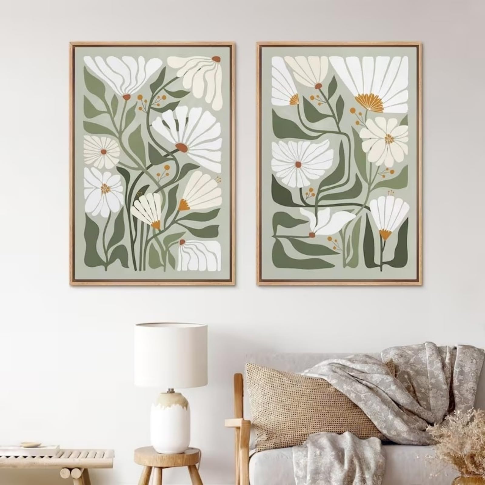 Zbello Green Set Of 2 Sage Daisy Botanical Wall Prints, Neutral Boho Floral Canvas Posters, Unframed Minimalist Leaf And Flower Wall Art For Apartment Home Decor (50X70cm)