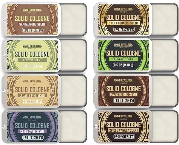 Viking Revolution 8 Pack Solid Cologne for Men - Men's Cologne Gift Set Including Sandalwood, Vetiver, Sweet Tobacco, Clary Sage, Spiced Vanilla, Cedar Pine - Travel Size Gifts for Men (0.5 Oz each)