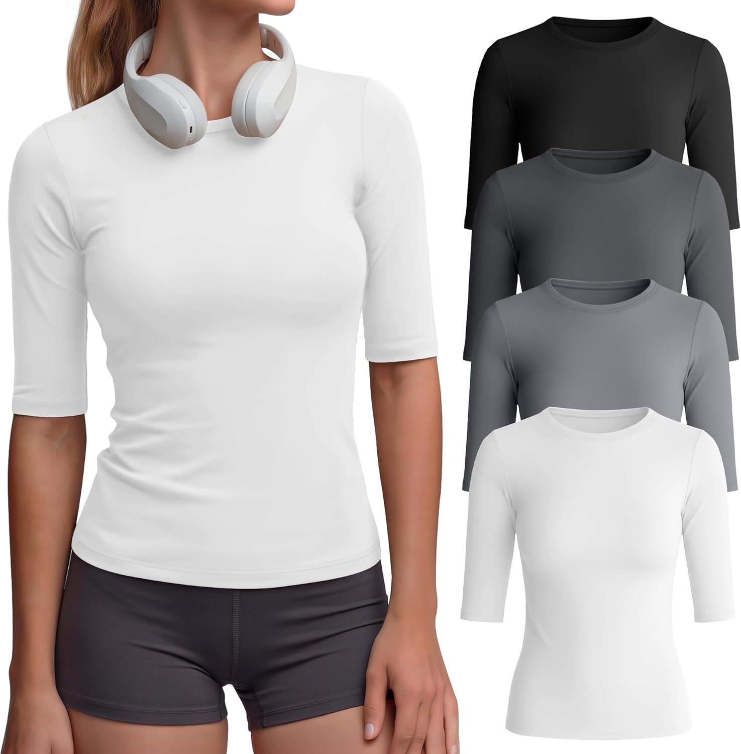 August Alley 4 Pack Women's Compression Shirts Half Sleeve Workout Tops Fitted Elbow Length T-Shirts Athletic 1/2 Sleeve Tops