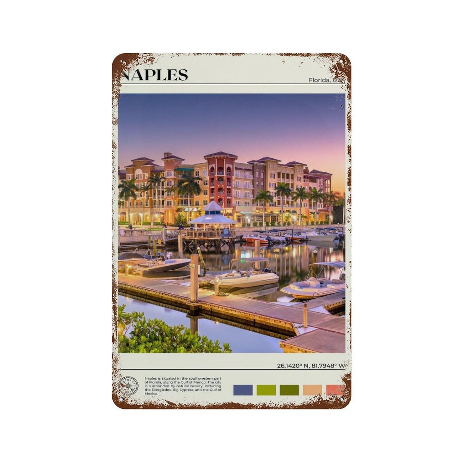 xiaoxiaoshen Real Photo Naples Decor Florida Wall Decor Art Metal Tin Poster Modern Home Decor Art Home Bar Shop Decorations Vintage Sign 30x20cm