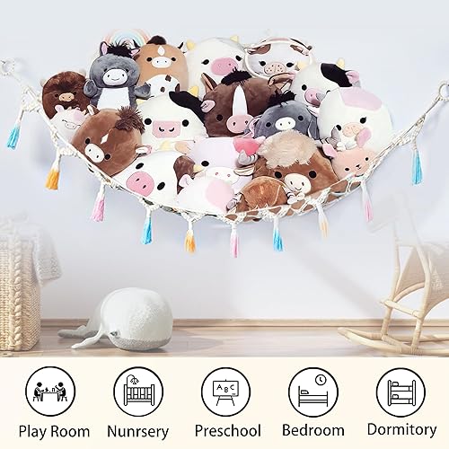 Miniatura 3 de Red de animales de peluche o hamaca con luz, hamaca de red colgante de macramé para almacenamiento de juguetes de peluche, decoración bohemia para