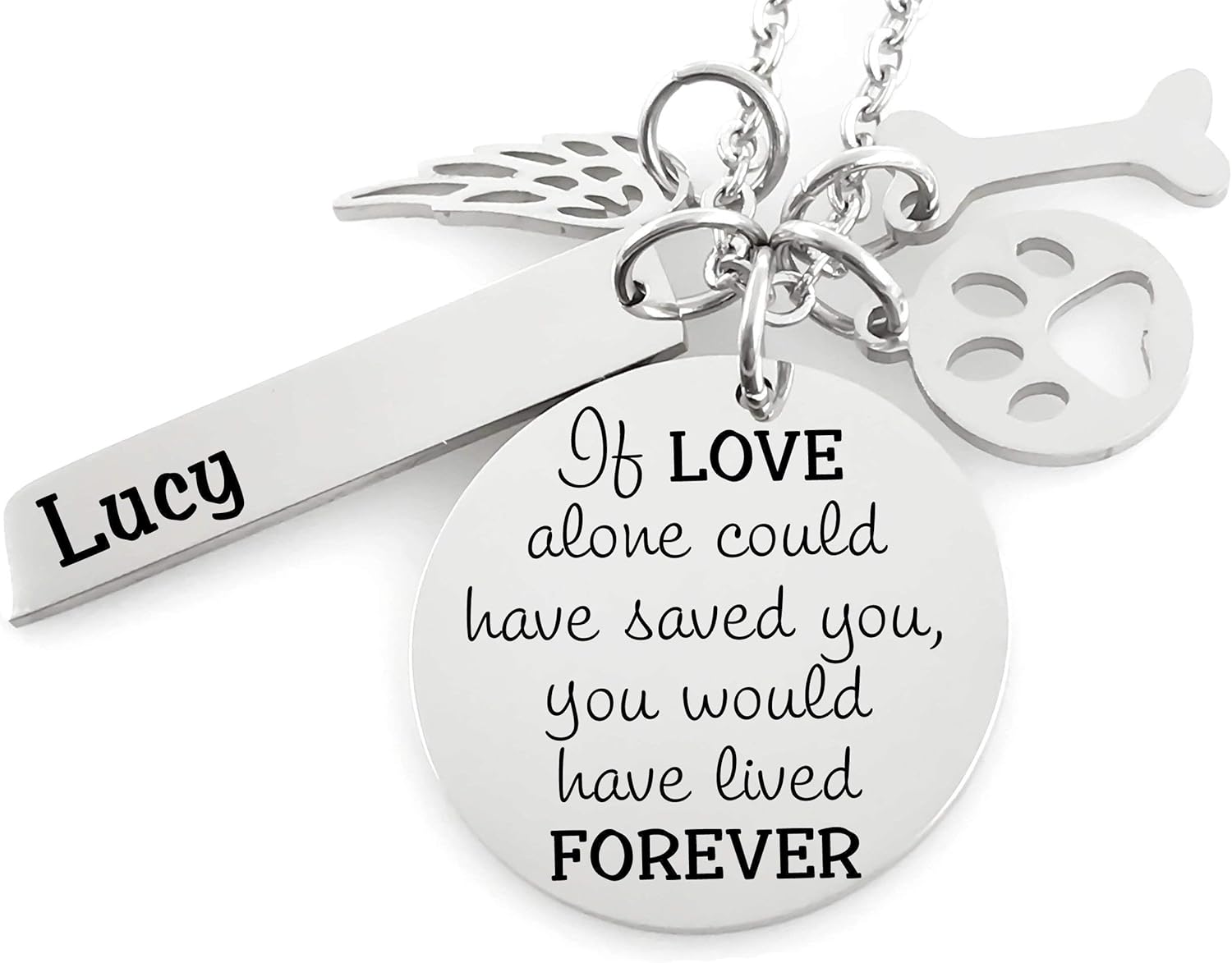 Pet Loss Memorial Jewelry Necklace - If LOVE alone could have saved you, you would have lived FOREVER - Name Bar- Angel Wing - Paw Print- Dog Bone