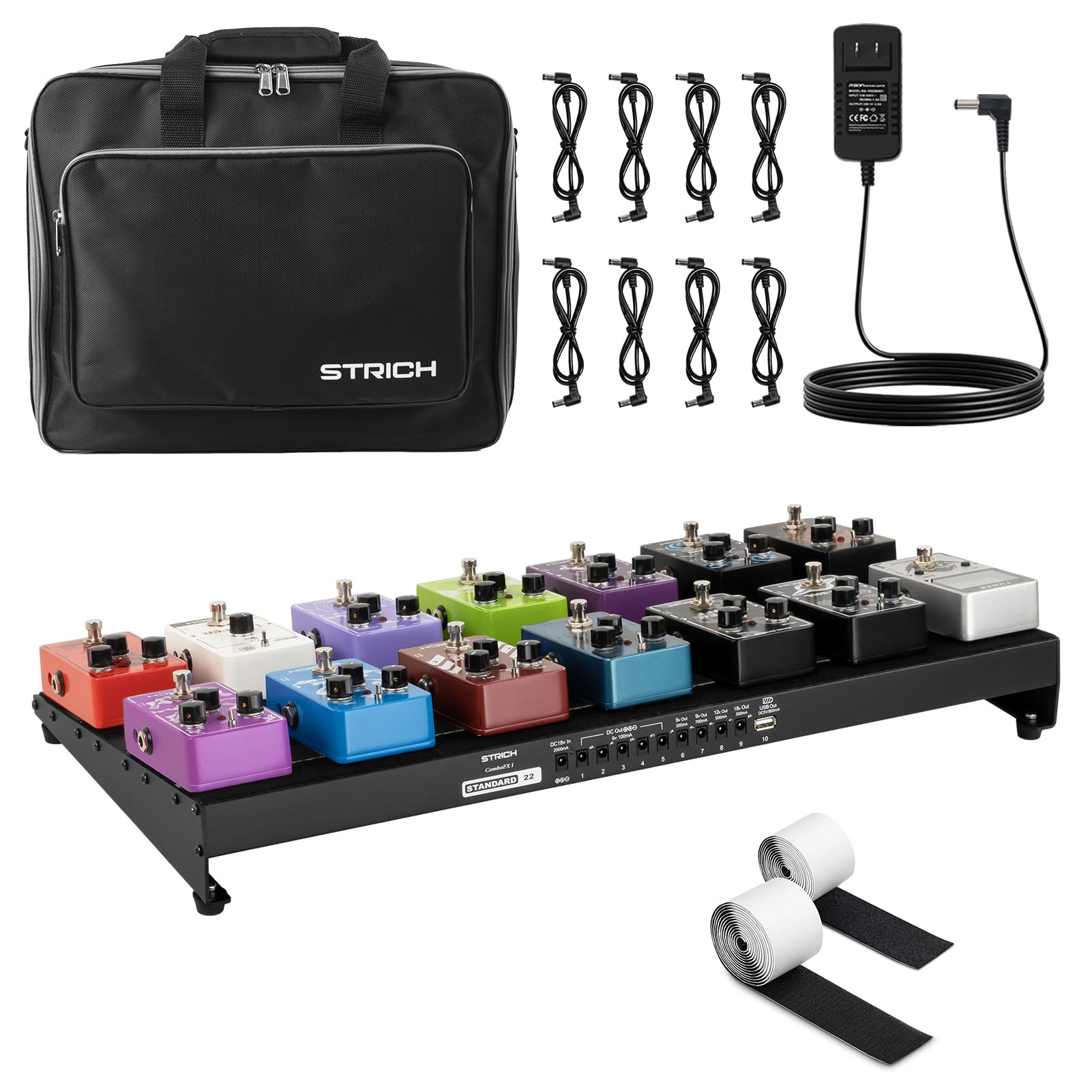 STRICH Pedal Board with Built-in Power Supply, Guitar Pedalboard 22" x 11" Lightweight 3.31lb Aluminum Alloy with Pedal Cables, Bag, Hook Loop Strips STANDARD 22