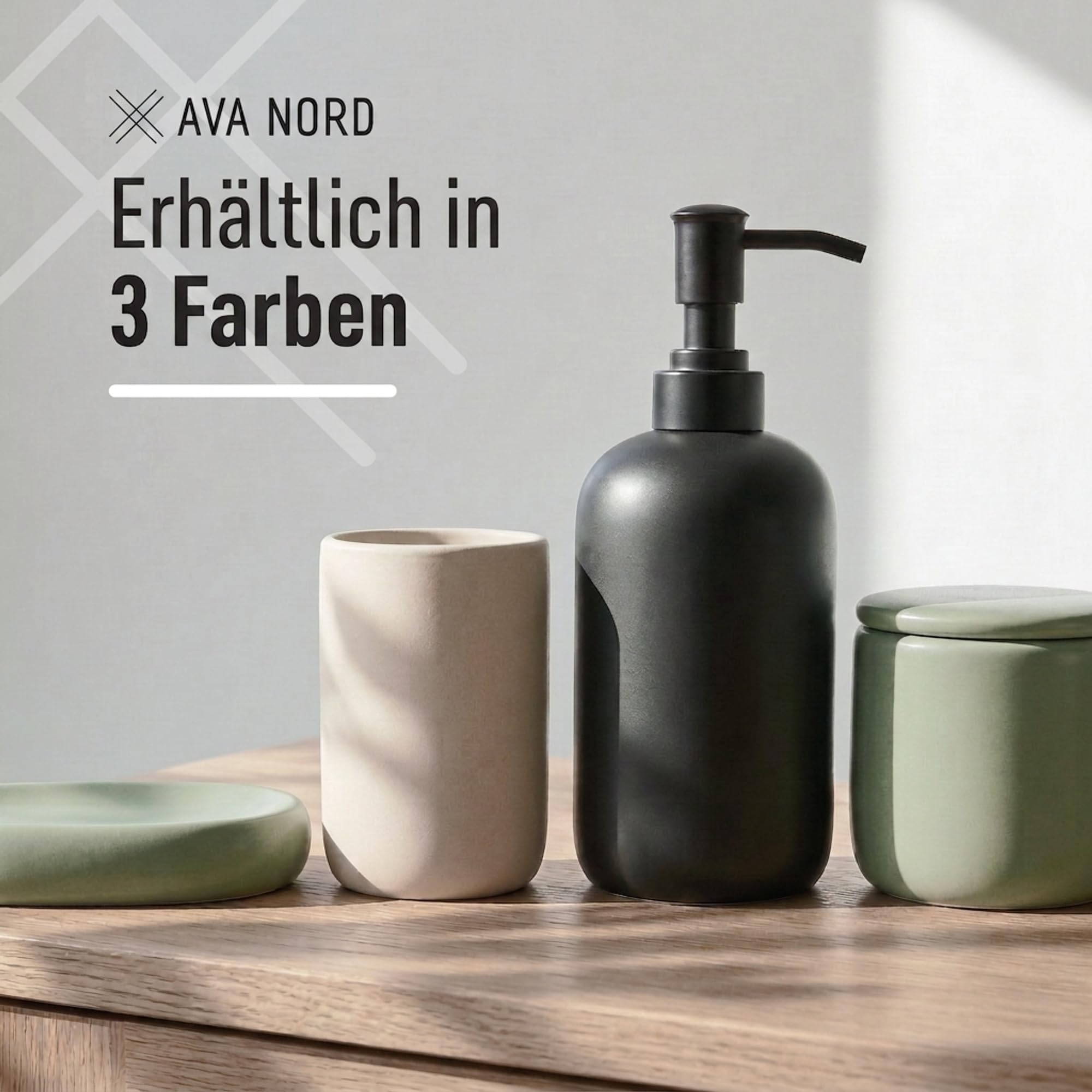 Keramik Badezimmer Organizer Set - 4 Teilig | Seifenspender, Zahnbürstenhalter, Seifenschale & Wattestäbchen-Behälter | Modernes Skandinavische Design | Minimalistisches Badezimmer Accessoire | Beige