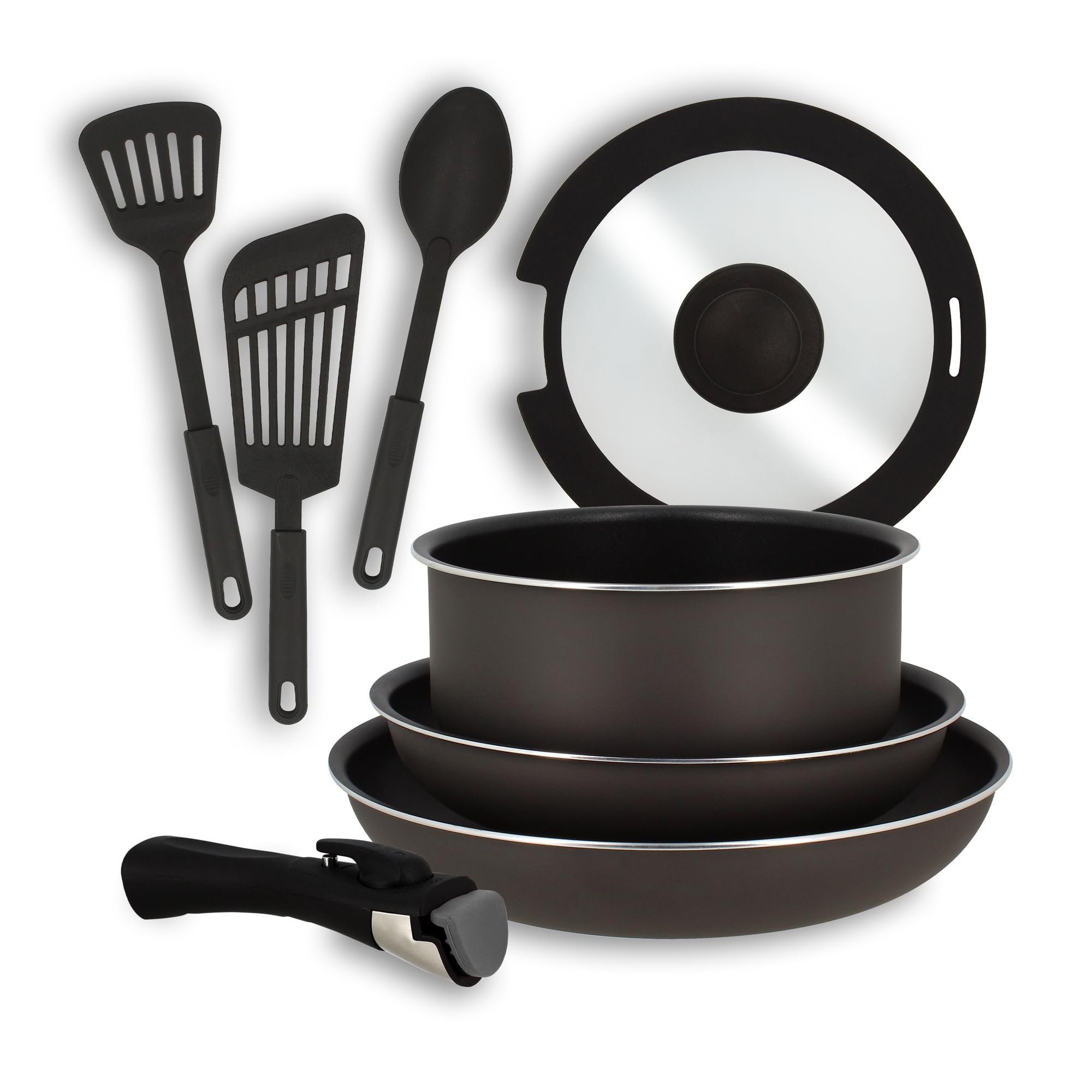 MENASTYL - Set de 8 pièces IRIS - 1 casserole 20cm + 2 poêles 24/28cm + 1 couvercle 20cm + 1 poignée amovible + 1 cuillère + 2 spatules ajourées - Compatible tous feux dont induction - 6020450