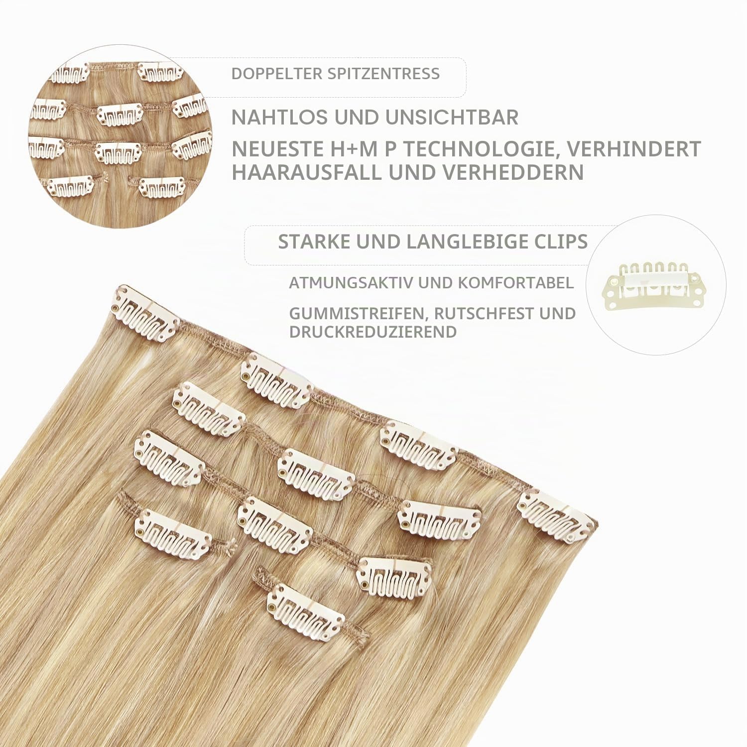 WENNALIFE Clip in Extensions Echthaar 75g 35cm Hellblond Highlights Goldblond Remy Natürliche Haarverlängerung