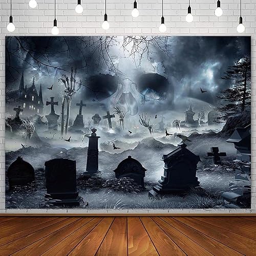 Sendy Telón de fondo de Halloween de 7 x 5 pies para fotografía, noche de terror, calavera aterradora, cementerio oscuro, suministros de decoración