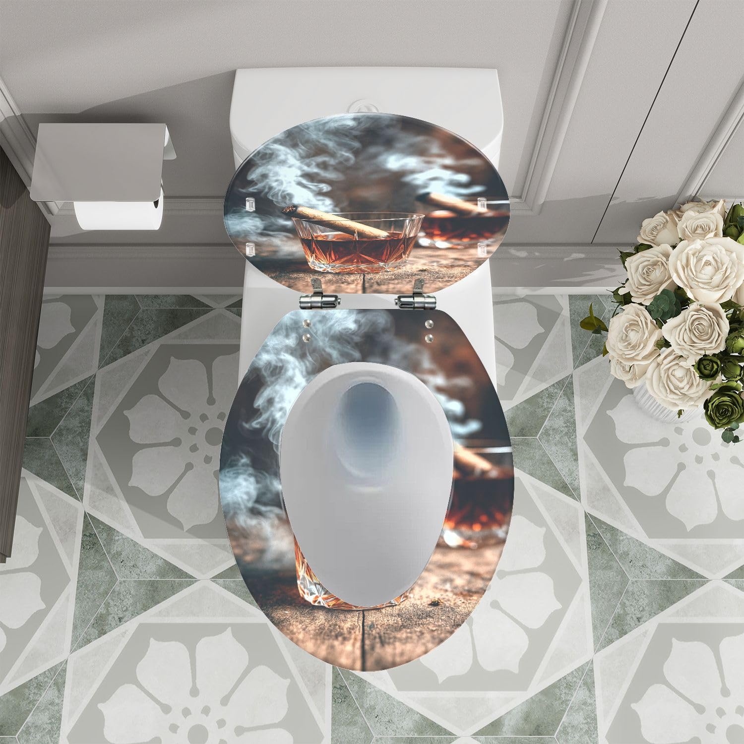 Asiento de inodoro alargado de resina y madera para baño
