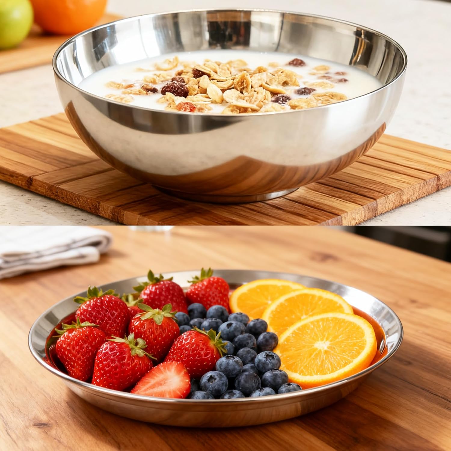 4-Piece Stainless Steel Pasta Plates and Bowls Set 8.6 inch, 47oz Large Double Walled 18/8 Metal Soup Salad Bowls & 18/10 Steel Plates Dinner Dishes, Unbreakable for Ramen,Pho,Cereal,Dishwasher Safe