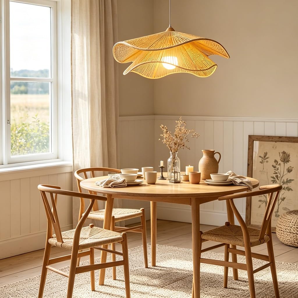 Lámpara Colgante De Ratán Tejido A Mano Forma Ondulada Estilo Boho Wabi Sabi Altura Regulable De Material Natural Para Salón Comedor Dormitorio Cocina Café Casa Rural