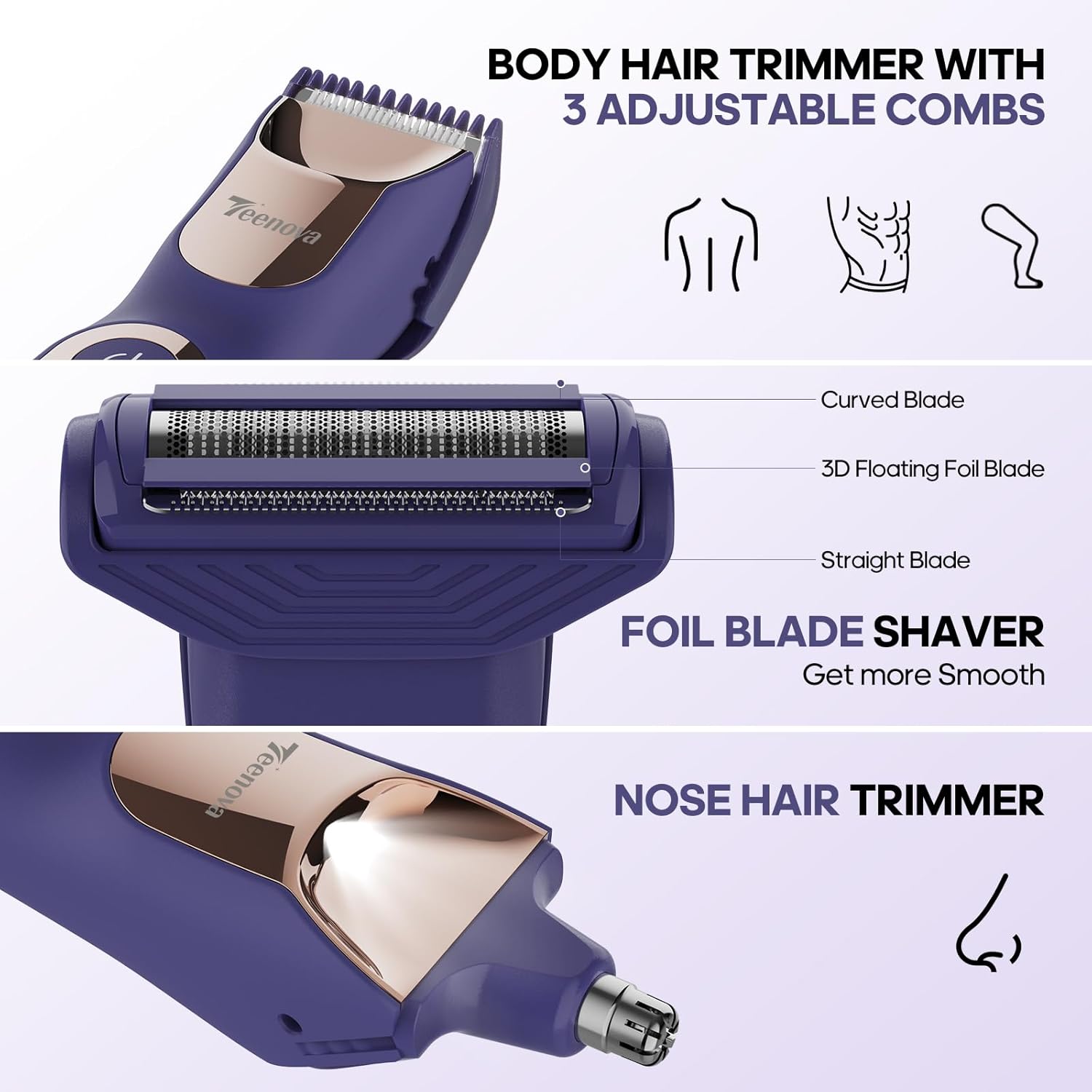 Electric Body Hair Trimmer - 3 in 1 Pubic Trimmer for Men - Bikini Trimmer for Women - No Nick Groin Ball Shaver Razor with Ceramic Blade Heads, Wireless Dock Charging, Wet/Dry Use (Purple) - Image 4