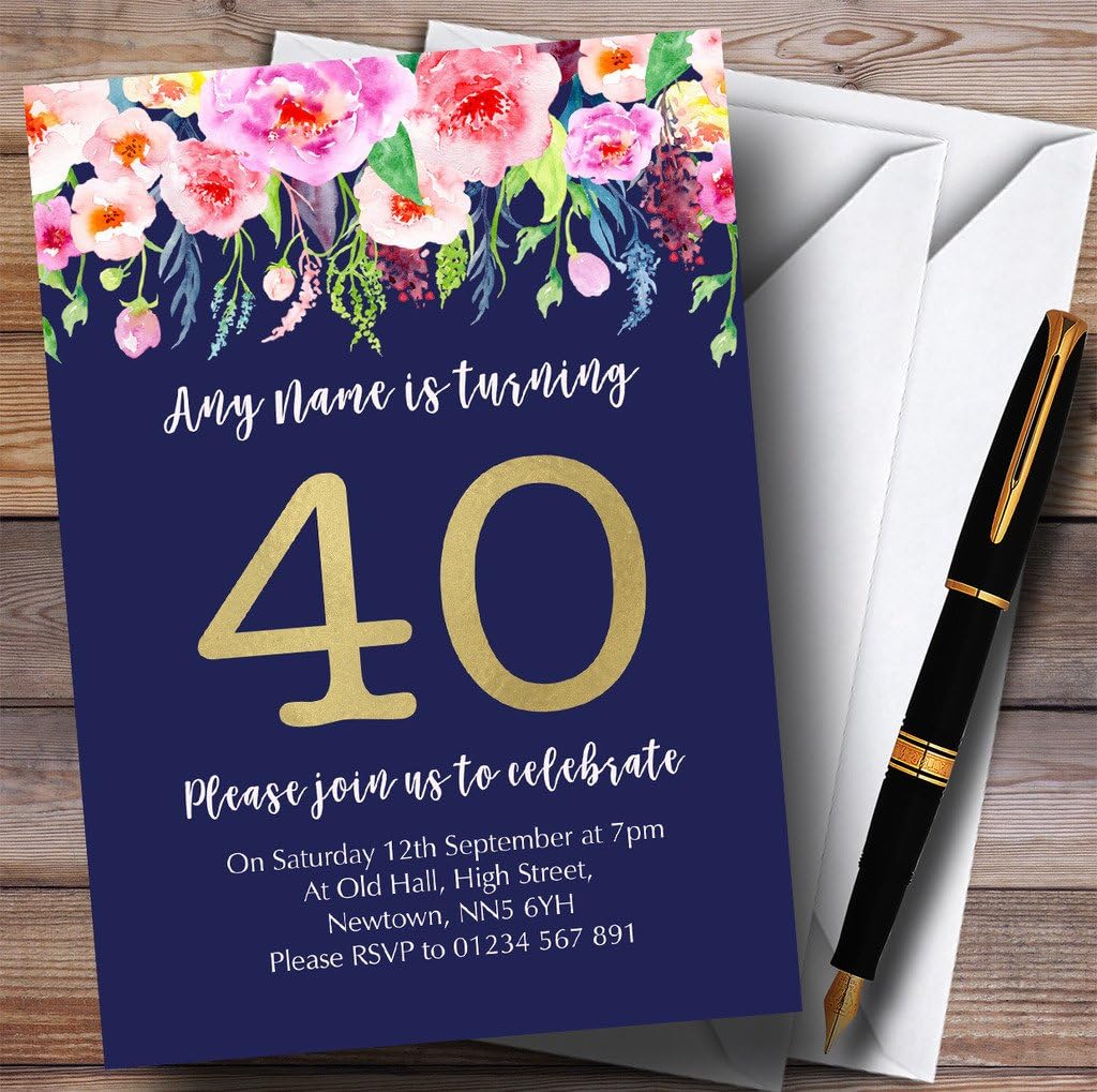 Blue & Pink Watercolour Flowers 40th Personalized Birthday Party Invitations