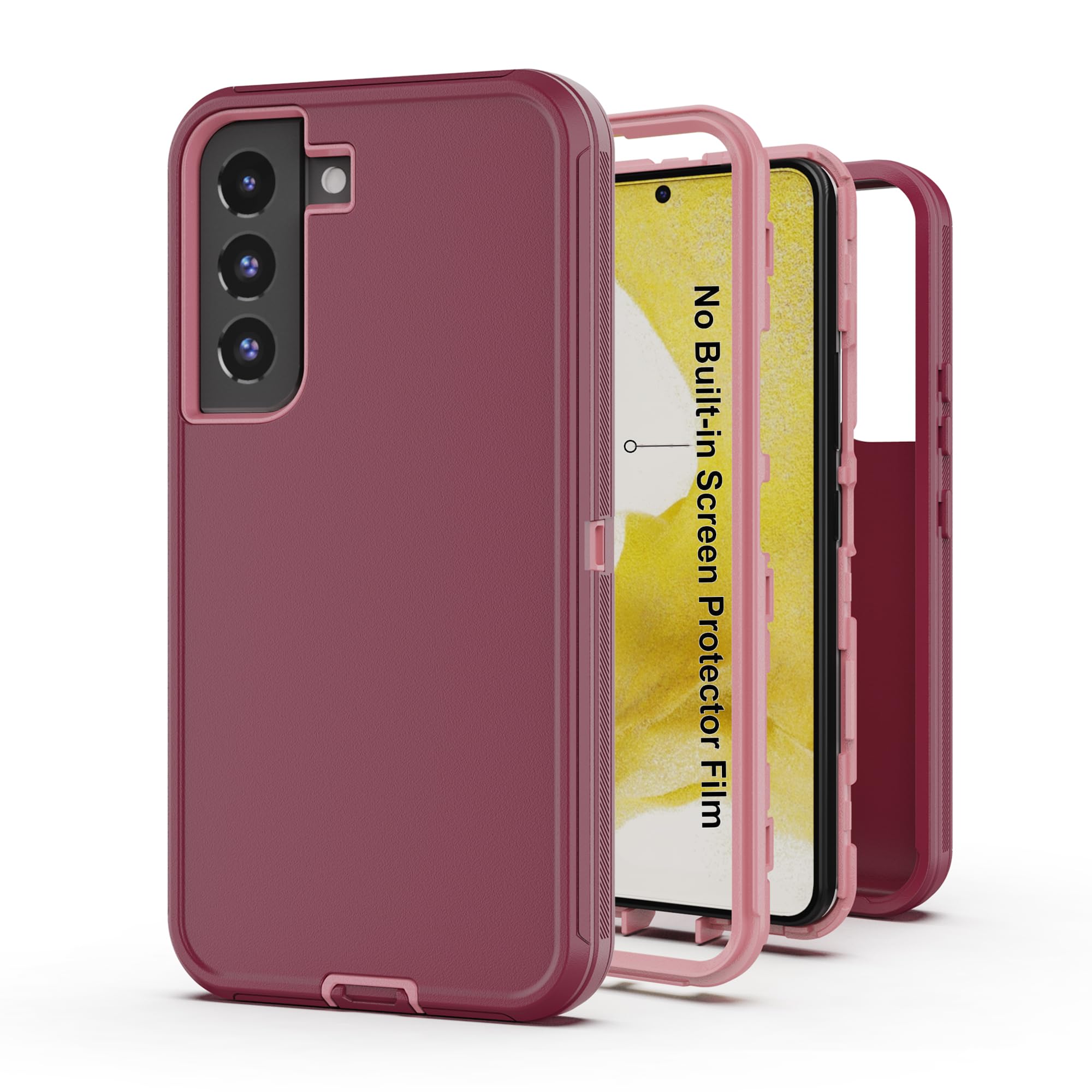 Funda para Galaxy S22 5G, funda protectora resistente con [3 capas] funda de protección de goma resistente a prueba de golpes para Samsung Galaxy S22 (rojo vino/rosa)