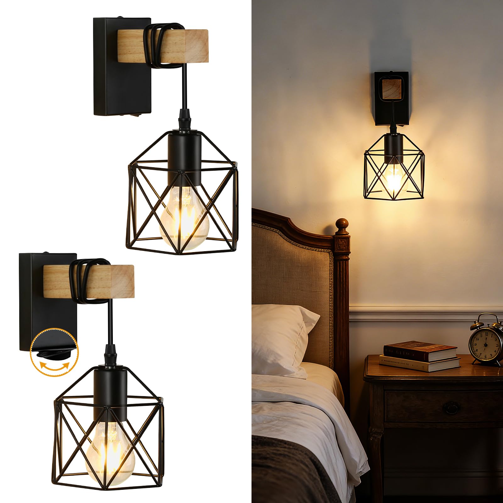 Lampop 2 Pack Black Wall Lights with On Off Switch, E27 Indoor Wall Lights for Living Room, Bedroom, Hallway, Vintage Hardwired Wood Wall Lamp (Bulb Not Included)