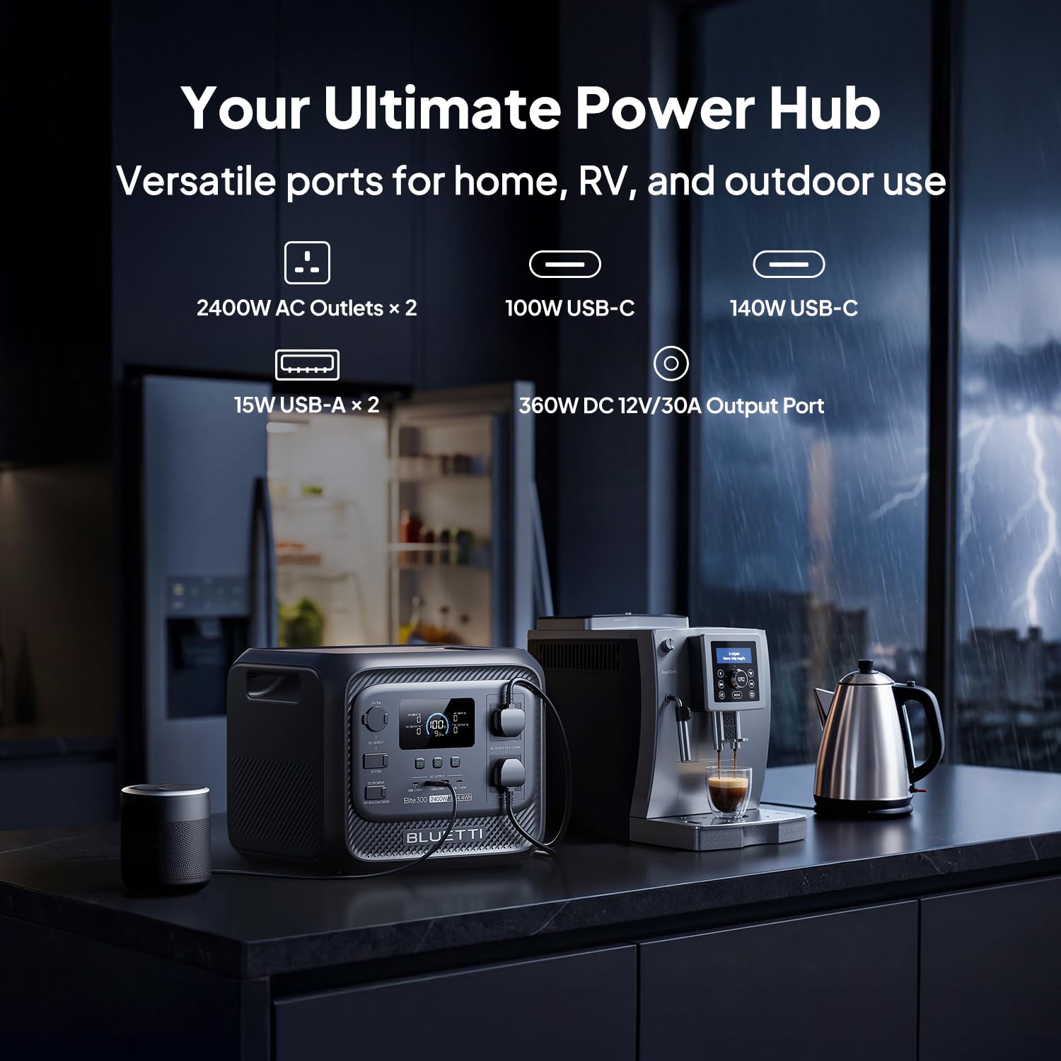BLUETTI Elite 300 Portable Power Station (2026 New), 3014.4Wh LiFePO4 Battery Backup w/ 2400W AC Outlets (4800W Surge), Compact 3kWh for Home Backup, Camping & RV Power — view 3