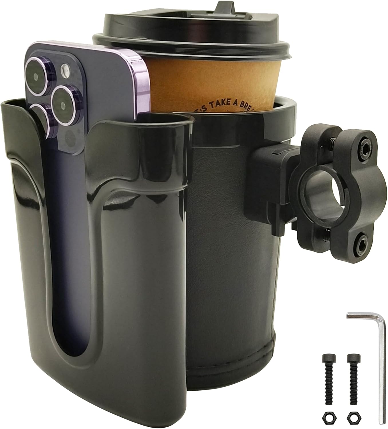Bike Cup Holder with Phone Keys Holder, Handlebar Water Bottle Cage for E-Bike, Scooter, Stroller, Wheelchair
