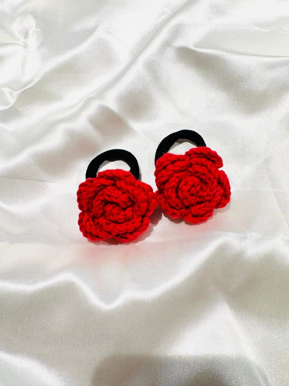 Handmade Crochet Rose Hair Ties Set of 2 Soft Elastic Hair Rubber Bands for girls,Cute floral ponytail Accessories, PonyTail holder for girls and women (Red)-image-1