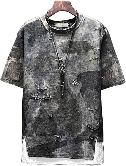 Happyjp Tシャツ 半袖 カットソー メンズ シンプル 迷彩 カモフラージュ ファッション ダメージ加工 Tシャツ カットソー 通販