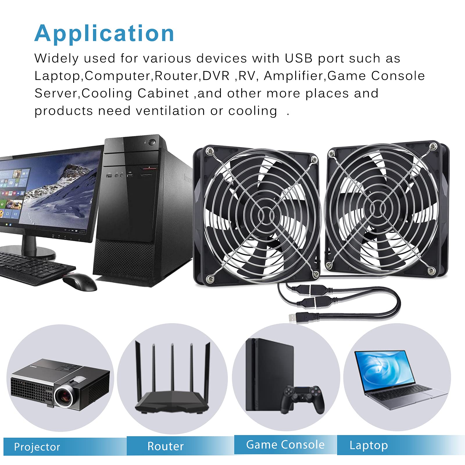 GDSTIME Ventilatore USB da 140 mm per computer da 140 mm x 25 mm ventola per PC doppia ventola da 14 cm 2 in 1 ventola di raffreddamento da 1500 giri/min per Xbox PS4 TV Box amplificatore router