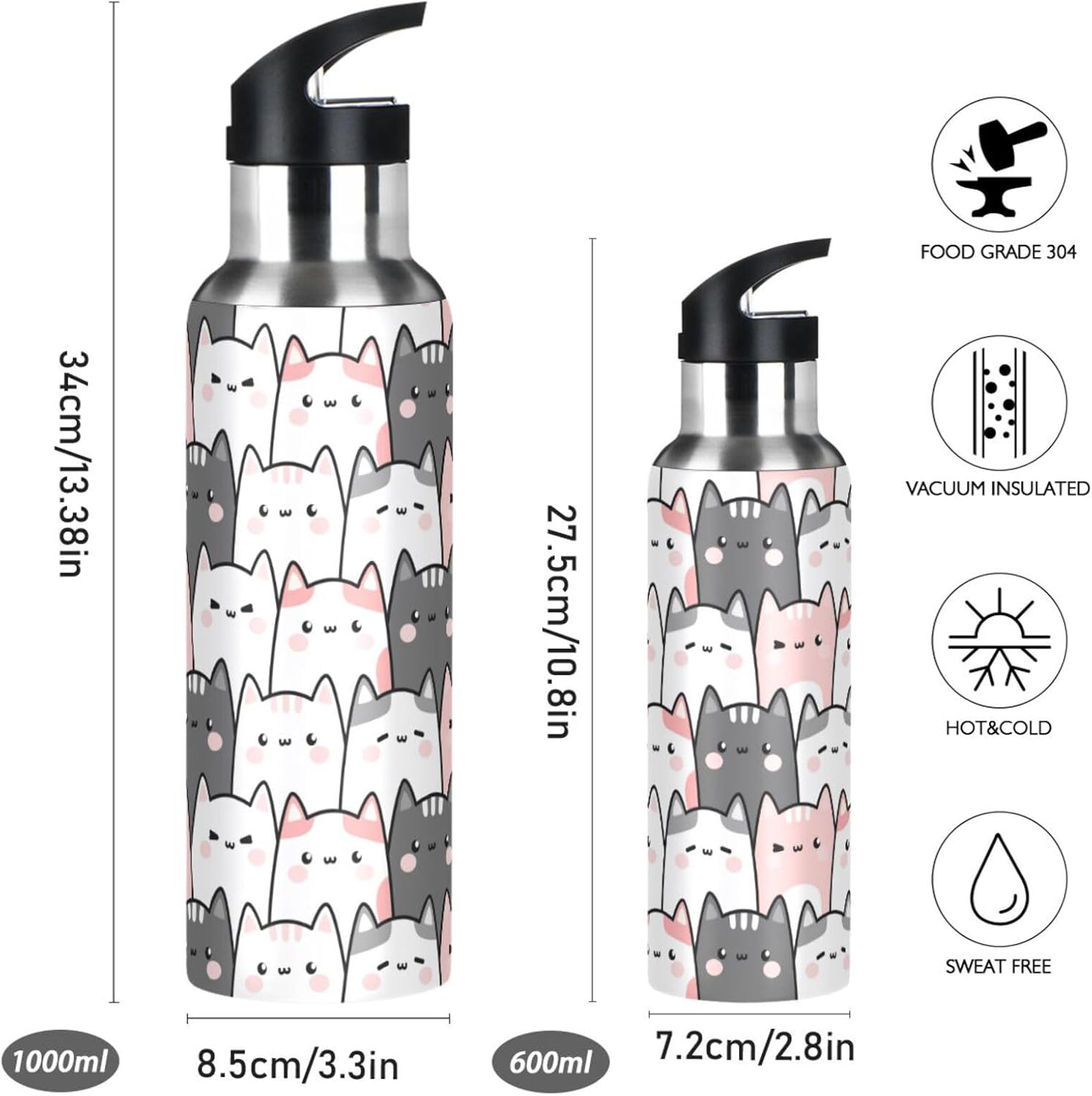 Cute Cats Kittens Water Bottle Kids Insulated Girls Boys Stainless Steel Hot Cold Water Flask with Straw Lid for Sports Gym 20 oz - Image 4