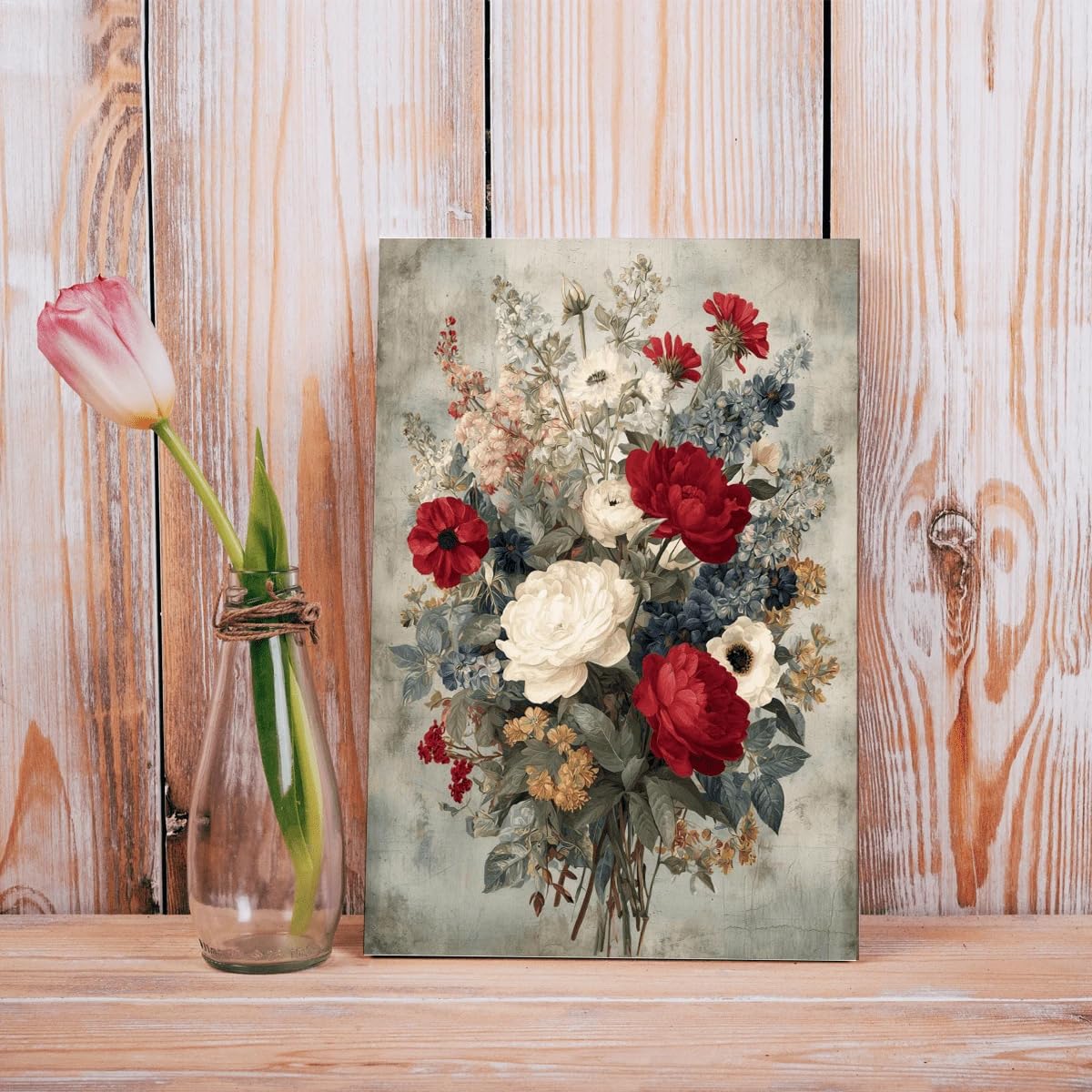 1 lienzo decorativo de pared con diseño floral en rojo, blanco y azul, ideal para la decoración de la sala de estar, la cocina y el baño (70x100cm/Sin marco).