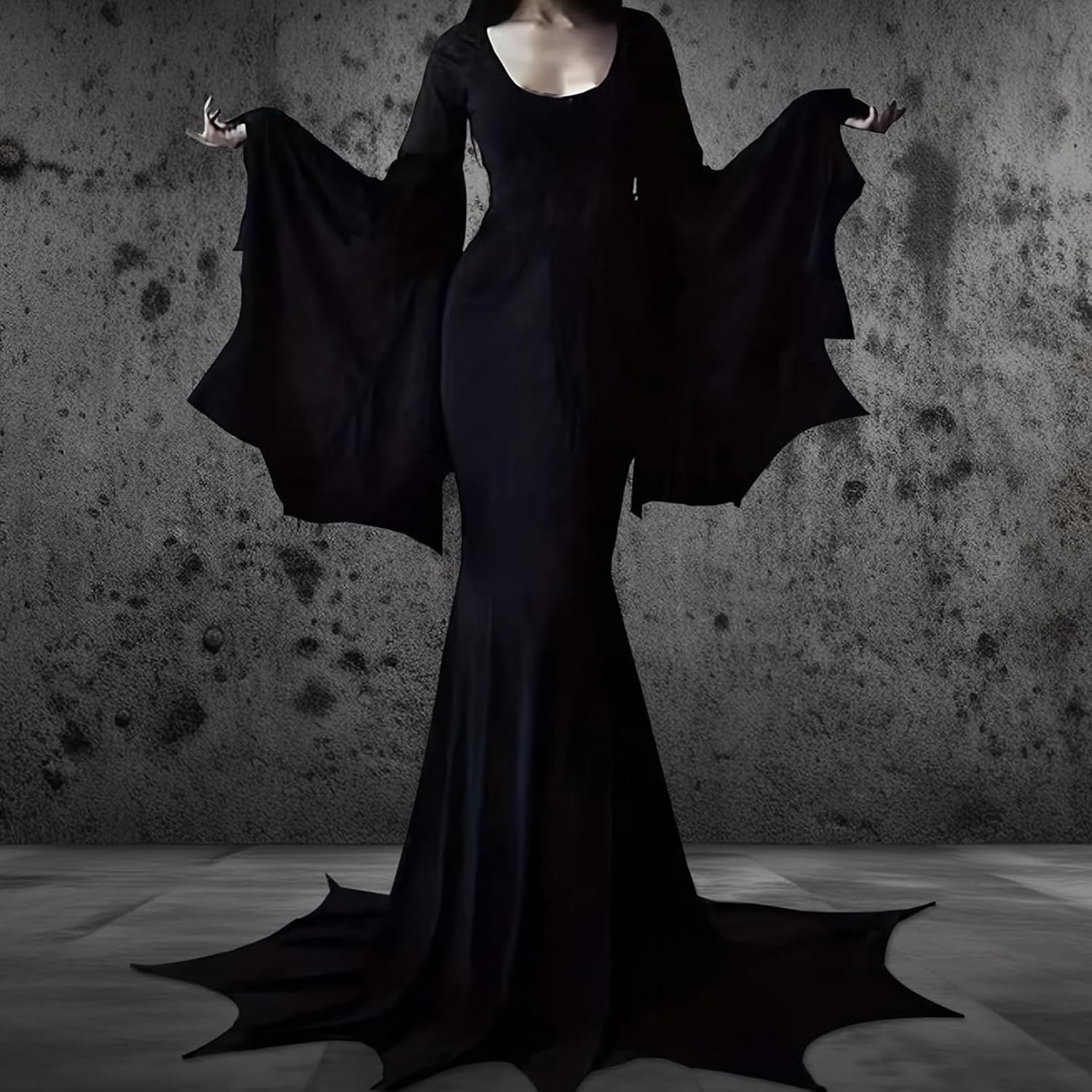 Halloween Morticia Addams Costumes Vintage Gothic Black Long Dress Outfit Women Wig Red Roses Flowers Necklace - Image 3