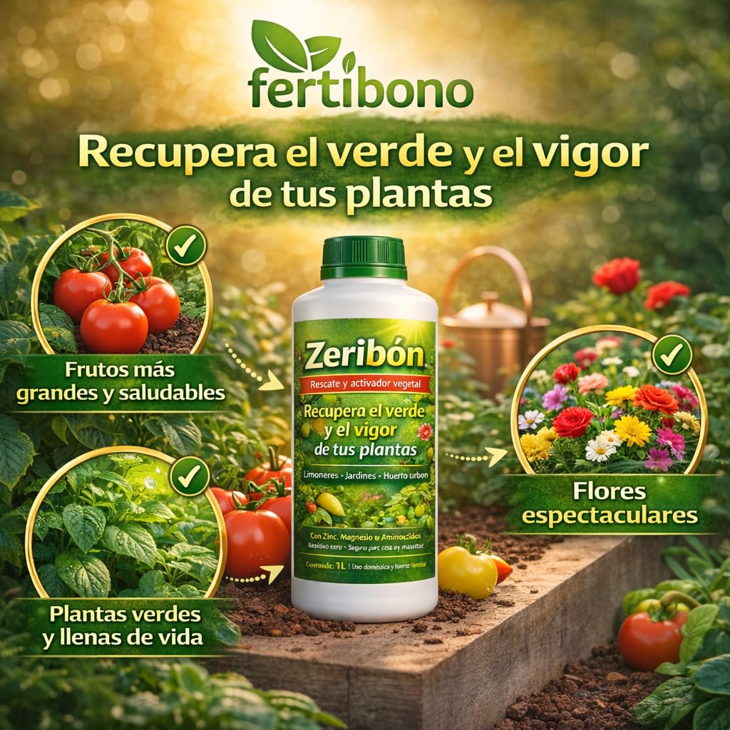 Zeribon 1L – Activador nutricional para plantas debilitadas | Recupera color y vigor en limoneros, rosales y huerto | Con Zinc, Magnesio y Aminoácidos | Uso doméstico seguro