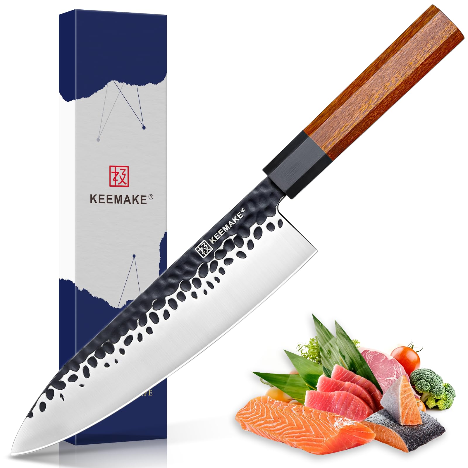 KEEMAKE 8 Inch Chef Knife, Japanese Hand Forged High Carbon Steel Kitchen Knives with Ergonomic Rosewood Handle, Ultra Sharp Durable Professional