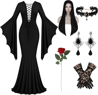 Halloween Costumes Morticia Addams Vintage Gothic Black Long Dress Outfit Women Wig Red Roses Flowers Necklace
