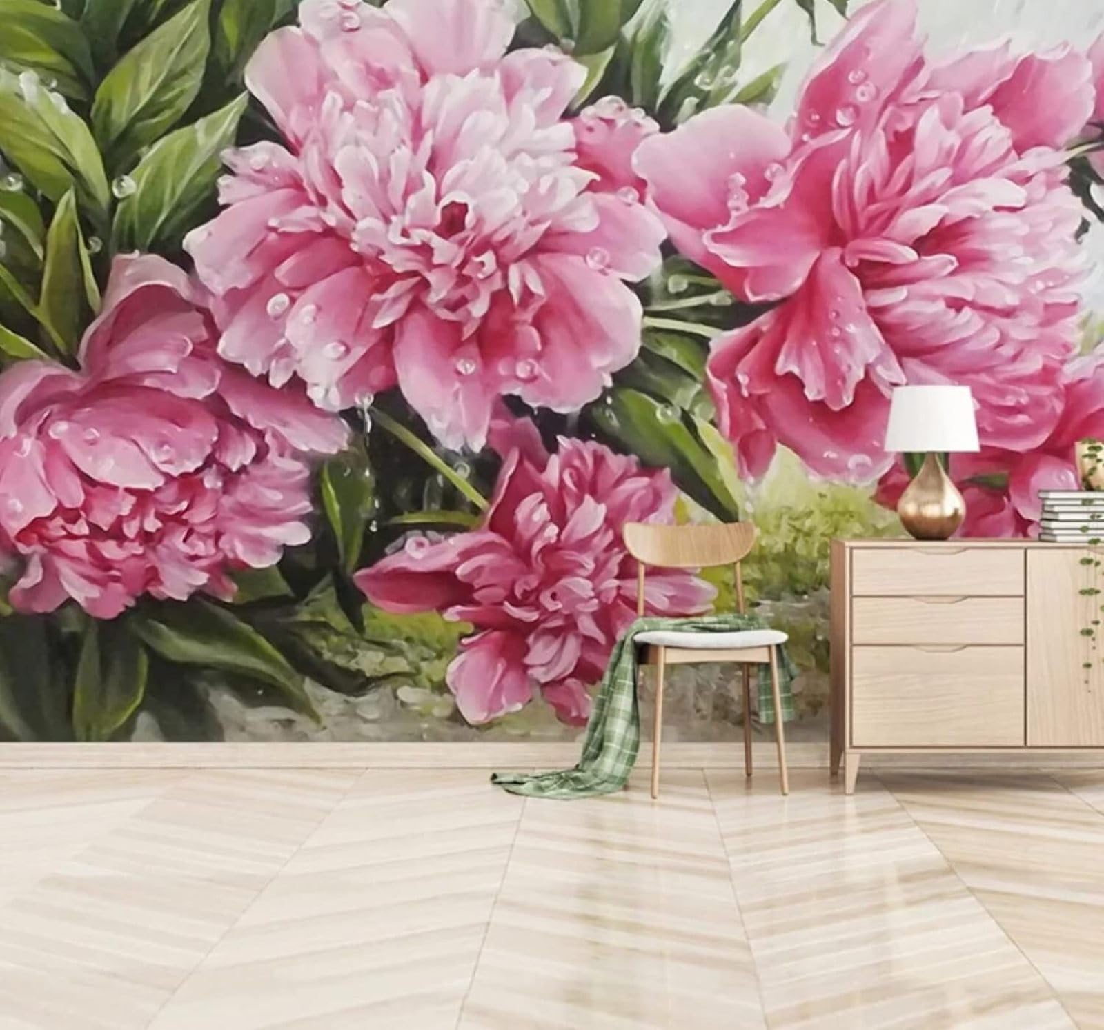XLMING Hand Painted Beautiful Pink Peony Water Droplets 3D Wallpaper Luxury Silk Study Dining Feature Sofa Grey Bedroom Living Room Tv Decorative Wall-250cm×170cm