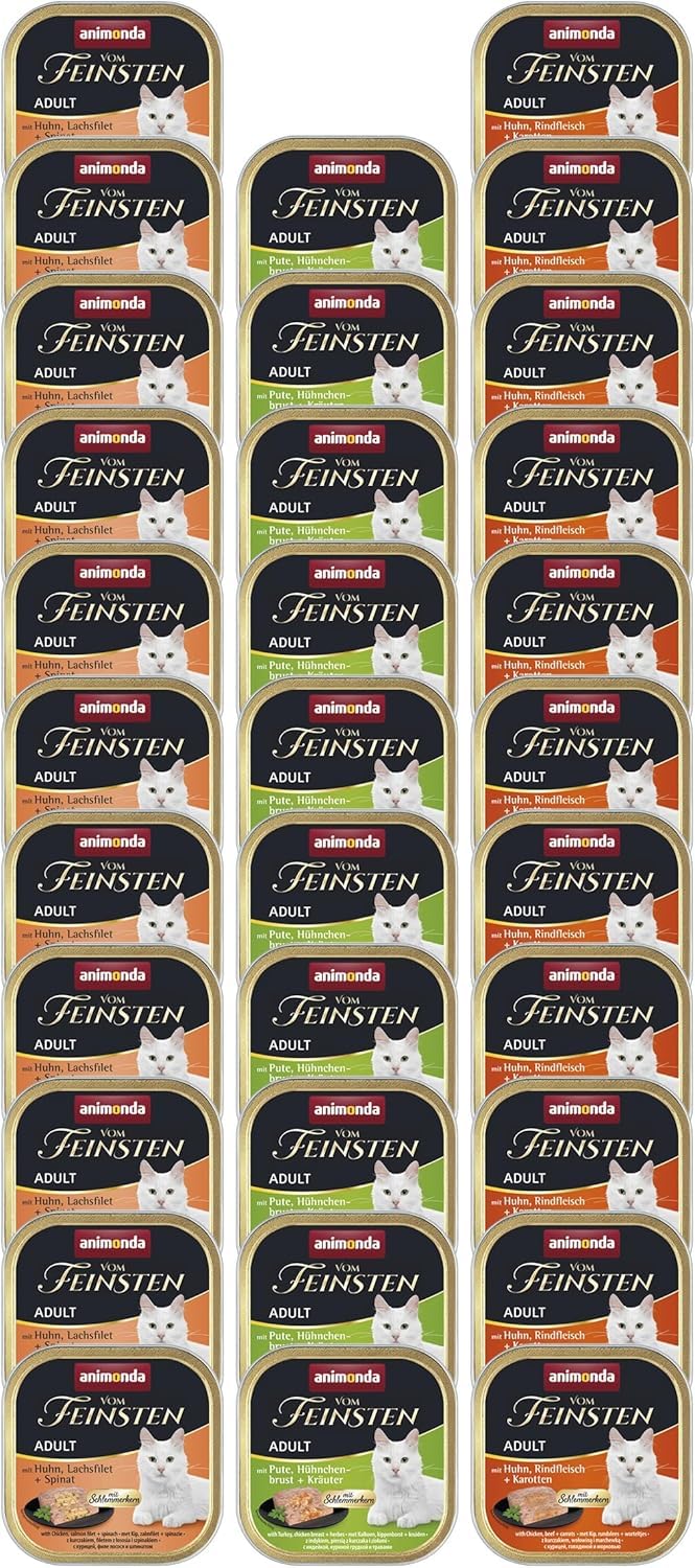 animonda Vom Feinsten Adult Feinschmecker Vielfalt (32 x 100 g), Nassfutter für ausgewachsene Katzen, Katzenfutter ohne Getreide und Zucker, mit unwiderstehlichem Schlemmerkern