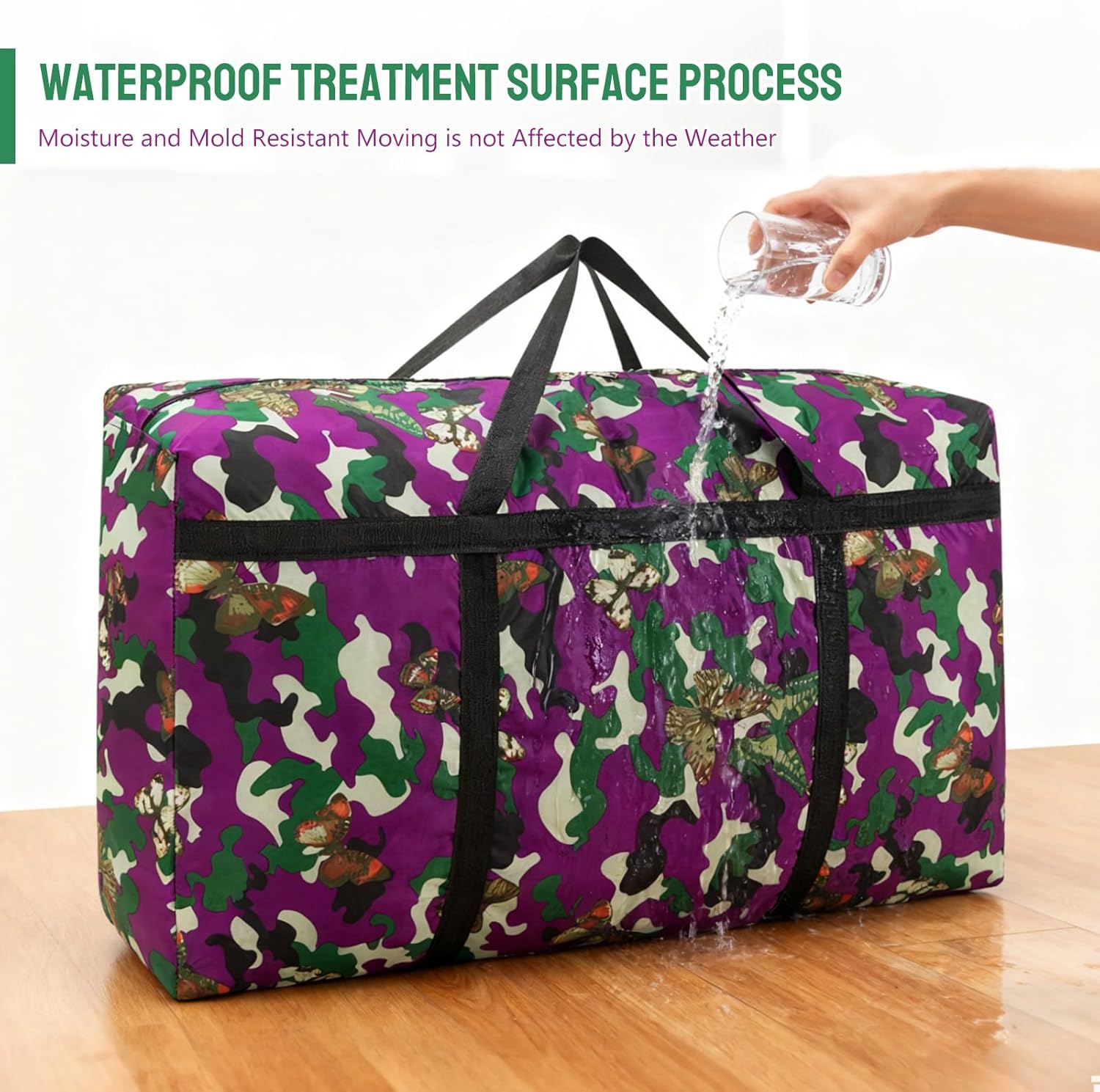 Multi-Size Moving Bag (40L-180L) - Heavy Duty Zippered Storage Bags with Handles for Clothes, Packing Bags for Moving House, Travel Home Organization (Camouflage version - Butterfly, 180L-100*58*28cm)