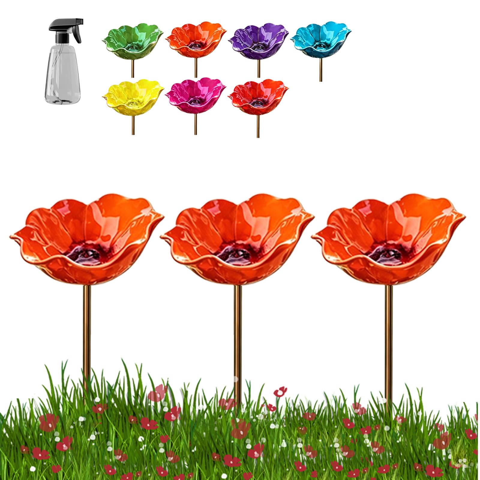 Handmade Metal Flower Garden Stake, Flower-Shaped Bird Bath & Bird Feeder for Nature Lovers, Colorful Butterfly Bee Watering Station for Outdoor Garden Lawn Yard Patio Landscape Decor (Orange×3)