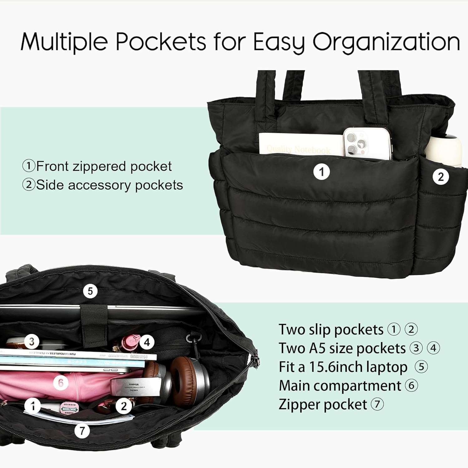 Urbanstand Tote Bag for Women - Lightweight Puffer Tote Work Bags with Compartments, Quilted Shoulder Bag for Nurse, Office, Travel, Gym, Black - Image 7