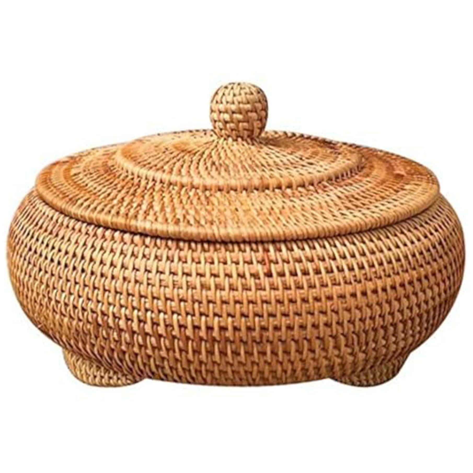 Boîte ronde en rotin avec couvercle de 22x10 cm, boîte de rangement tressée main pour bureau