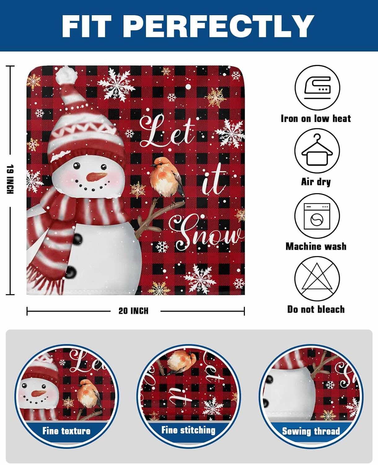 DecorLovee Red Plaid Snowman Christmas Chair Back Cover, Christmas Dining Chair Protector Covers, Xmas Snowflake Birds Chair Covers Removable Chair Slipcovers for Weeding Banquet Party 19"x20", 4 Pack