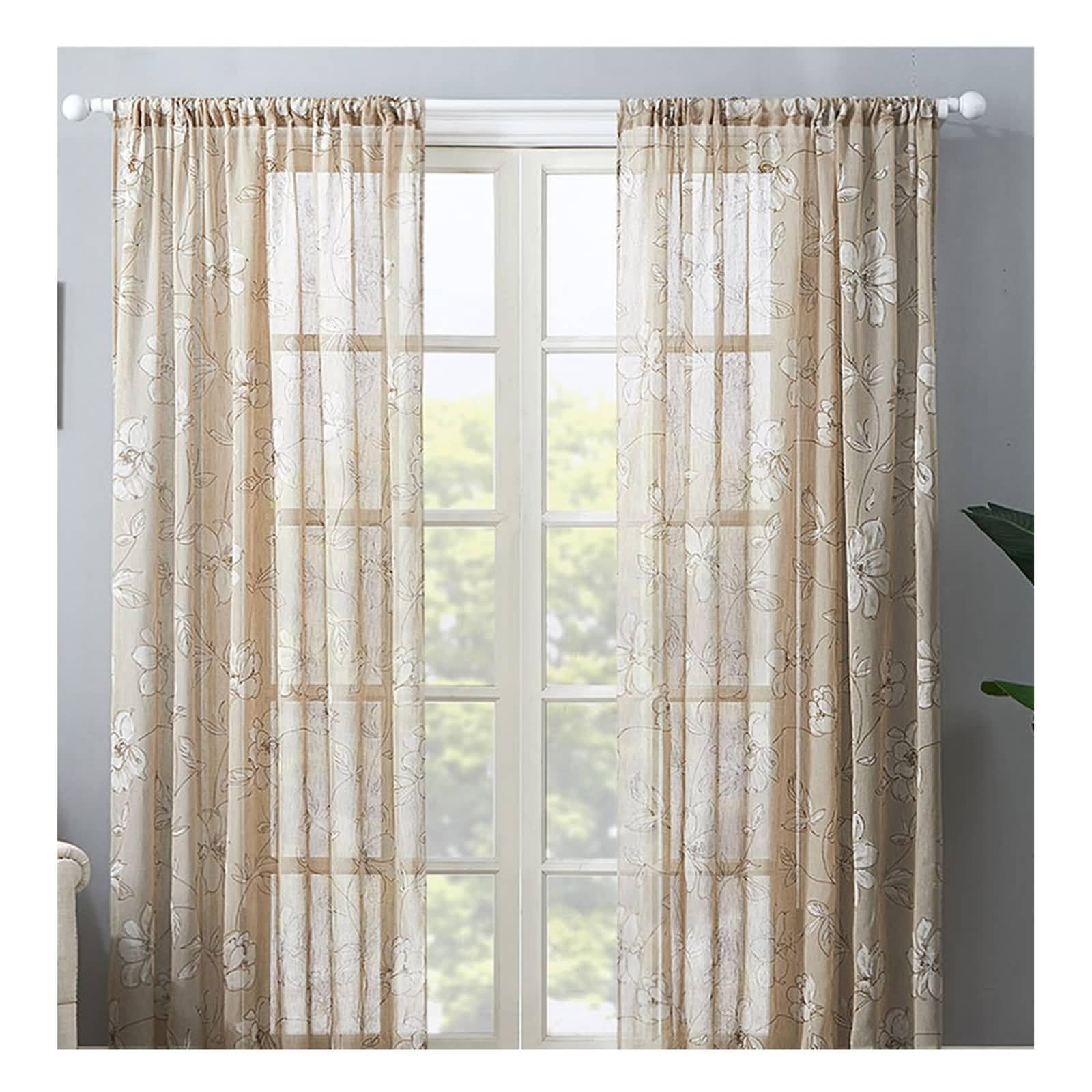 Rideau transparent marron 137x160 cm motif branches fleurs coton lin