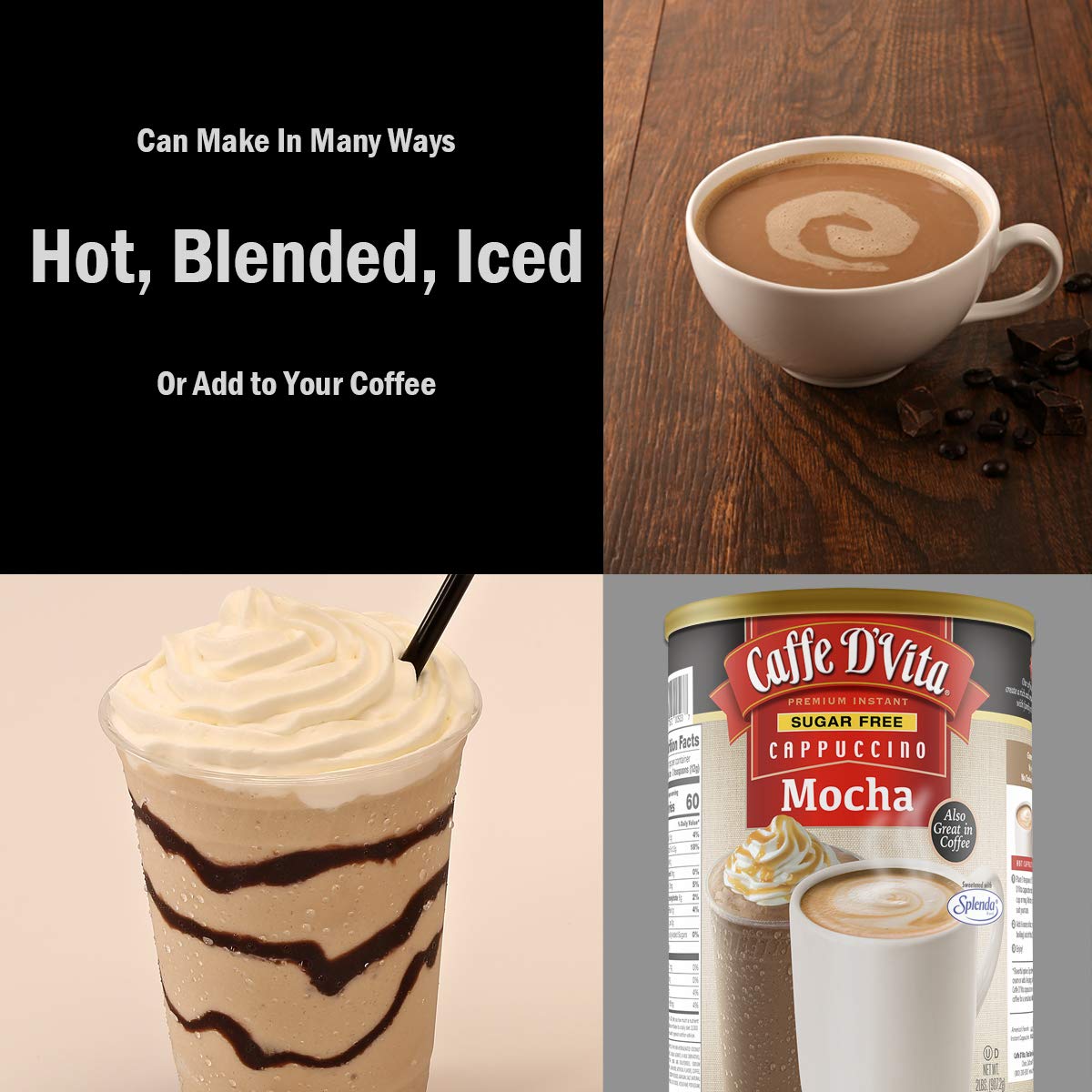 Caffe D'Vita Sugar Free Mocha Cappuccino Mix - Sugar Free Mocha Mix, Gluten Free, No Cholesterol, No Trans Fat, 99% Caffeine Free - 2 lb. (32 oz.) can