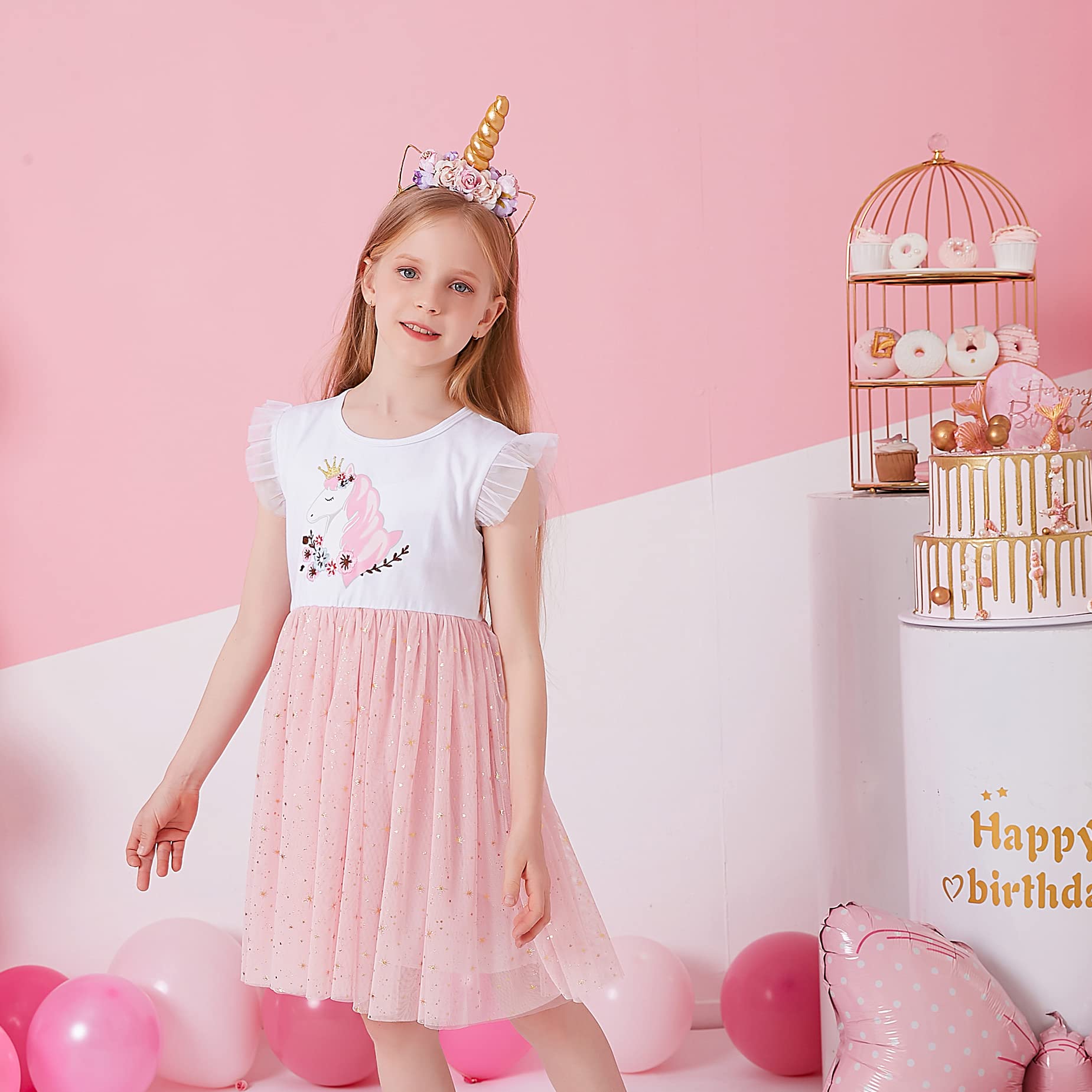 Vestido Tutu Algodón Tulle Manga Larga Mariposa Unicornio Niñas 2-8 Años