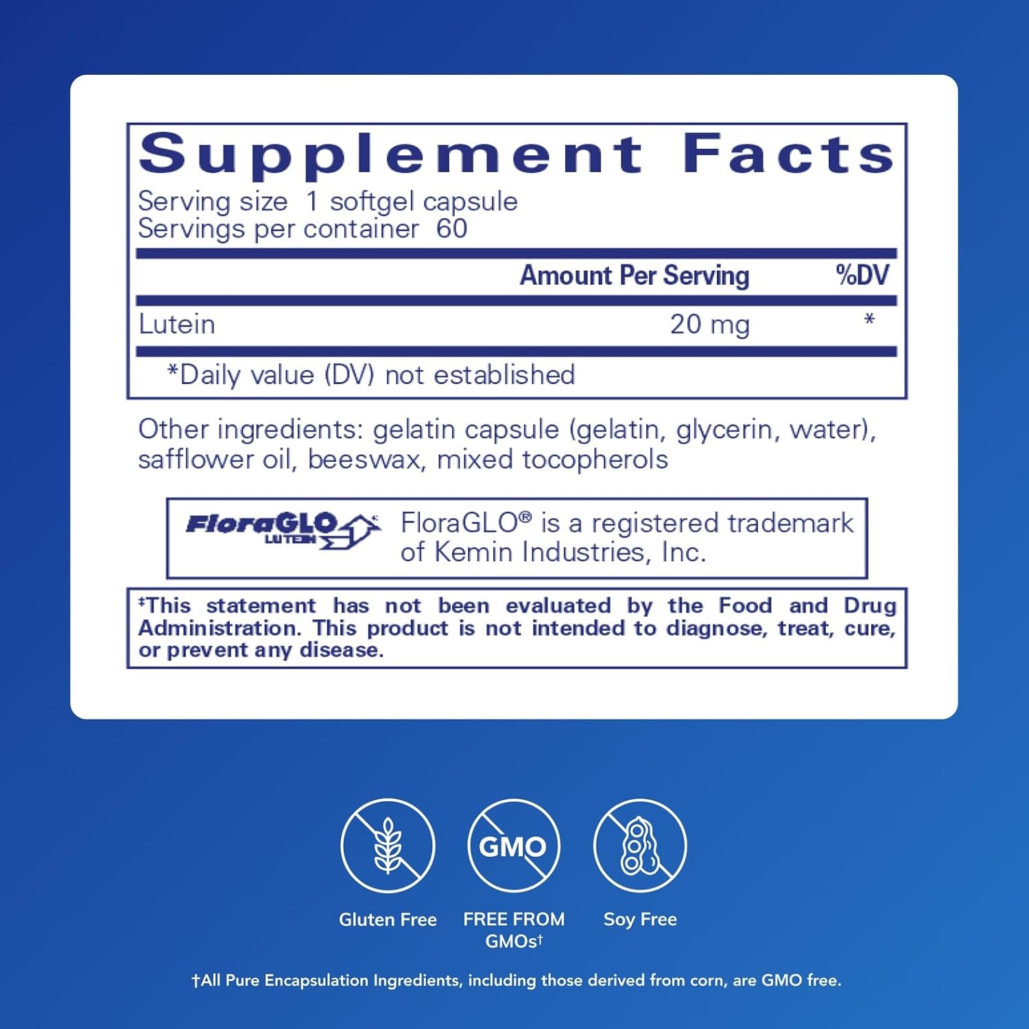 Pure Encapsulations Lutein 20 mg | Hypoallergenic Antioxidant Support for Healthy Visual Function | 60 Softgel Capsules