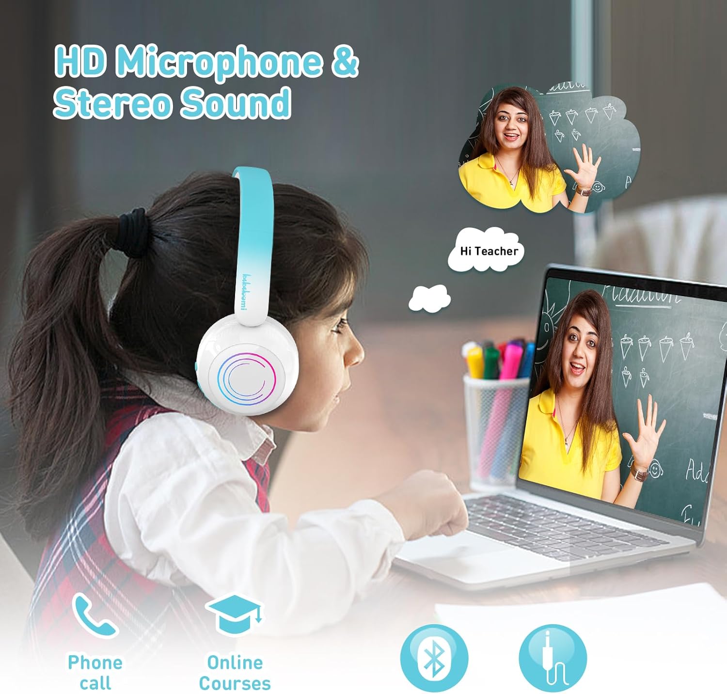 Girl using headphones for an online course with a teacher on screen