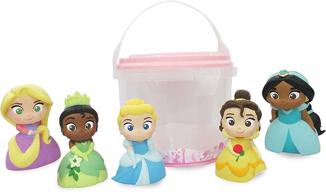 Disney Store Official Disney Princess Bath Toy Set, 5 Pc. Set, Includes Rapunzel, Belle, Cinderella, Tiana and Princess Jasmine, Bath Toys with Storage Bucket, Suitable for 12 Months+