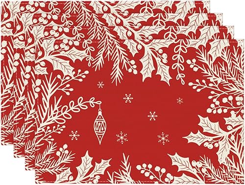 Miniatura 1 de Artoid Mode Juego de 4 manteles individuales de Navidad con ramas de pino y hojas de acebo, 12 x 18 pulgadas, manteles individuales de invierno para