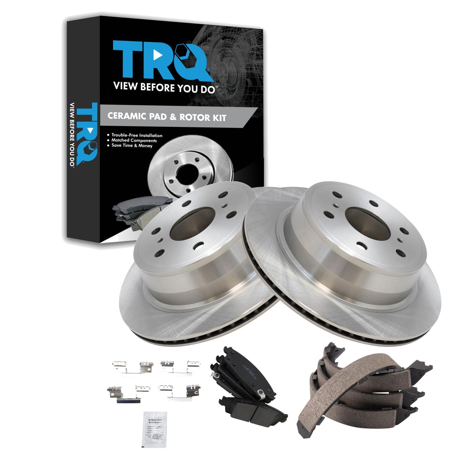 TRQ Rear Brake Pad and Rotor Set Ceramic Compatible with 2014-2019 Chevrolet Silverado 1500 2015-2020 Tahoe Suburban GMC Sierra 1500 Yukon Yukon XL Cadillac Escalade Escalade ESV