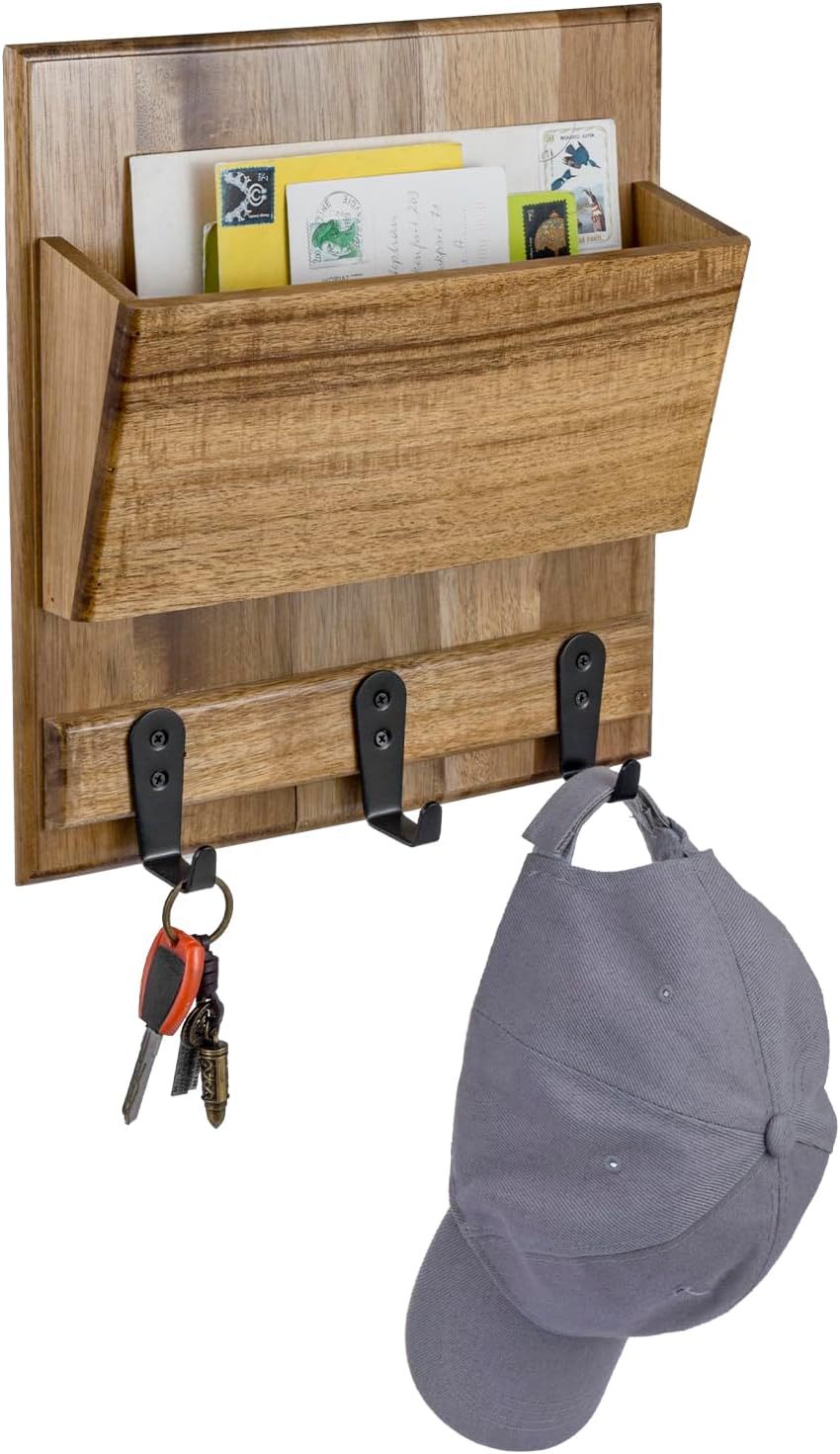 MyGift Rustic Premium Acacia Solid Wood Wall Mounted Mail Holder Rack, Hanging Wooden Home Entryway Organizer with Letter Slot and 3 Black Metal Key Hooks