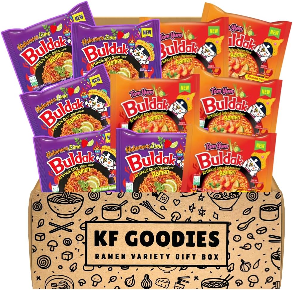 KF GOODIES Korean Ramen Variety Pack Gift Box (10 Count) – Spicy Buldak Noodle Assortment for Birthdays, College Care Packages, Office Snacks, and Gift Baskets