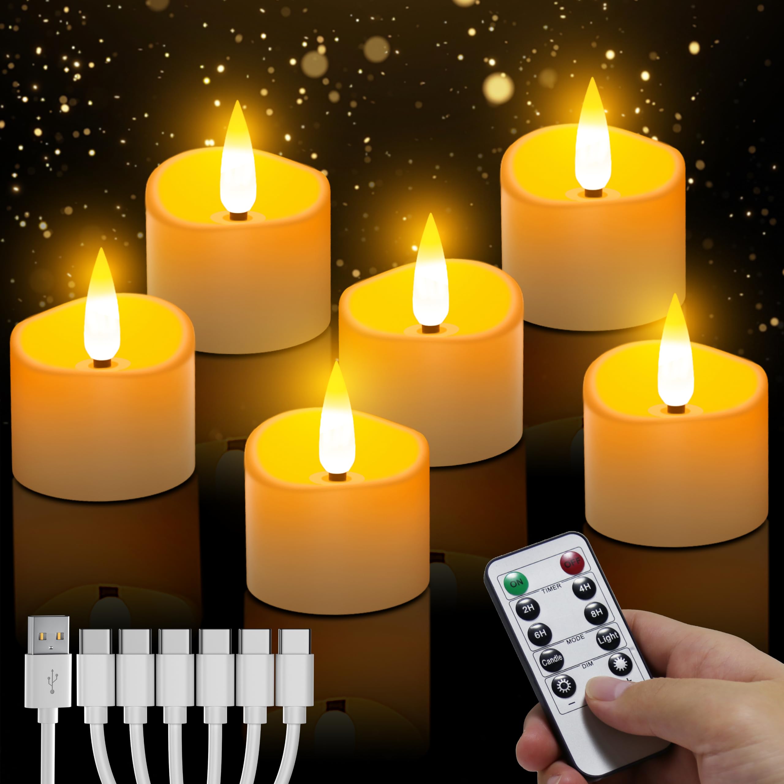 Daphomeu LED Teelichter Wiederaufladbar mit Fernbedienung & Timer, 6er Set | USB-C 6-in-1 Ladekabel, Flammenlos, Warm, Heimdekoration für Zimmer Wohnzimmer, Halloween Weihnachten, Hochzeit