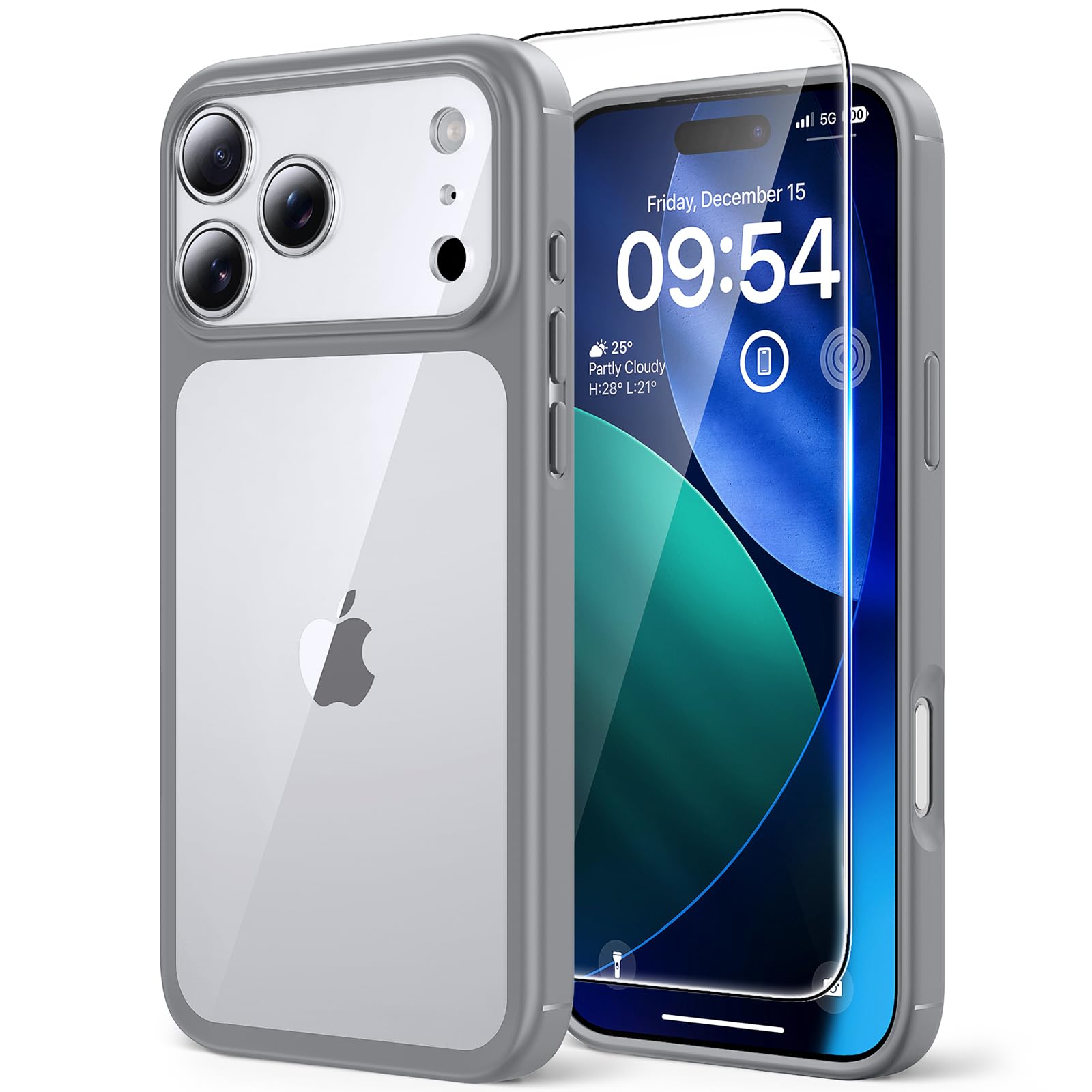 TAURI Cover per iPhone 17 Pro Max con Pellicola in Vetro Temperato,Protezione Completa della Fotocamera,Custodia per Sottile Antishock, Anticaduta - Grigio