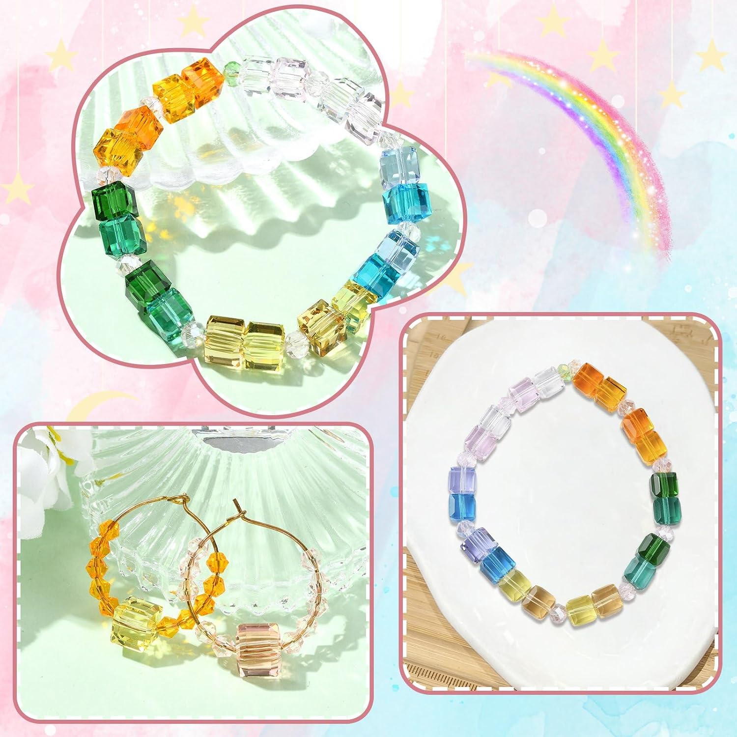 LiQunSweet 8mm 50 pcs Mixed Colors Cube Faceted Glass Beads Square Spacer Crystal Beads for DIY Jewelry Bracelet Necklace Earring Crafts Bag Keychain Embellishments